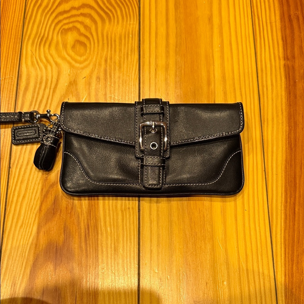 Coach Black Leather Wristlet Clutch with Buckle Detail